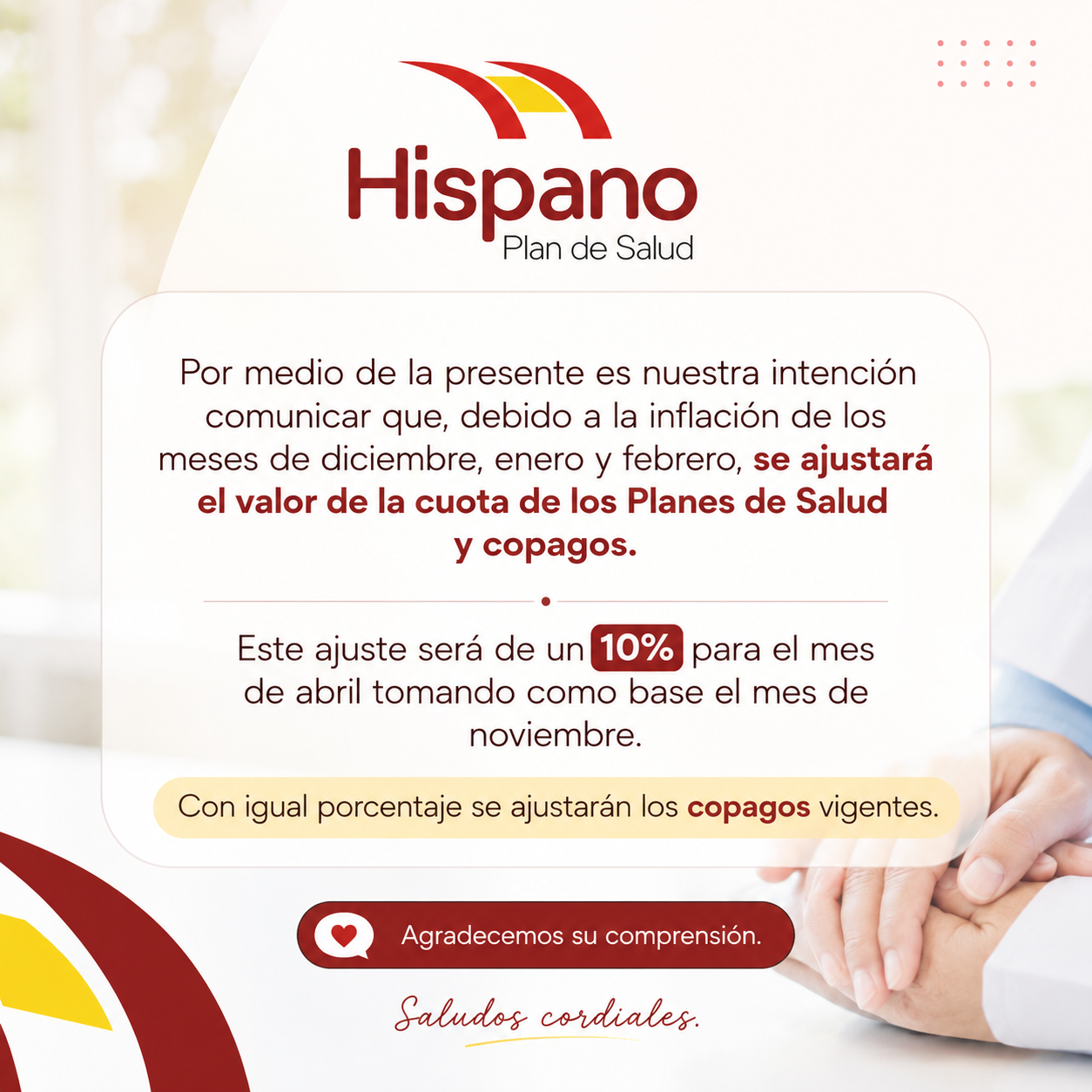 Comunicado del Hispano Plan de Salud sobre el ajuste de la cuota